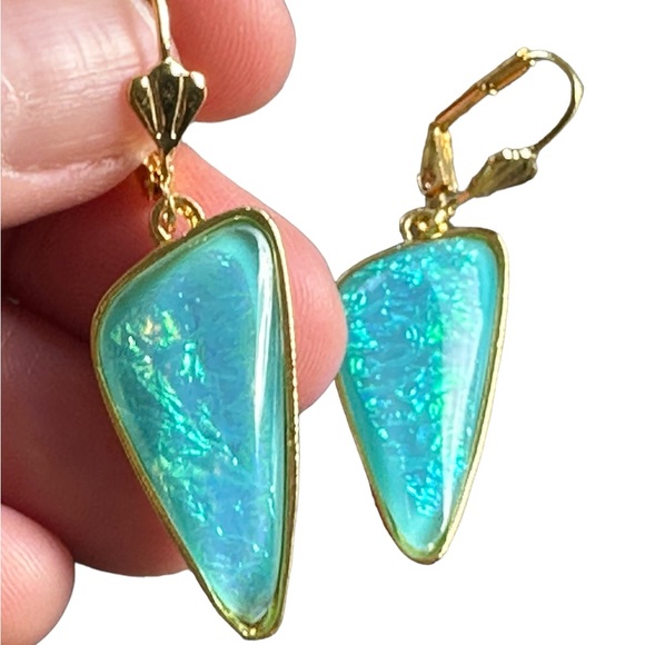 Gold and Iridescent Turquoise Geometric Drop Earrings - Picture 4 of 6
